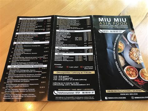 Speisekarte Miu Miu in Karlsruhe.